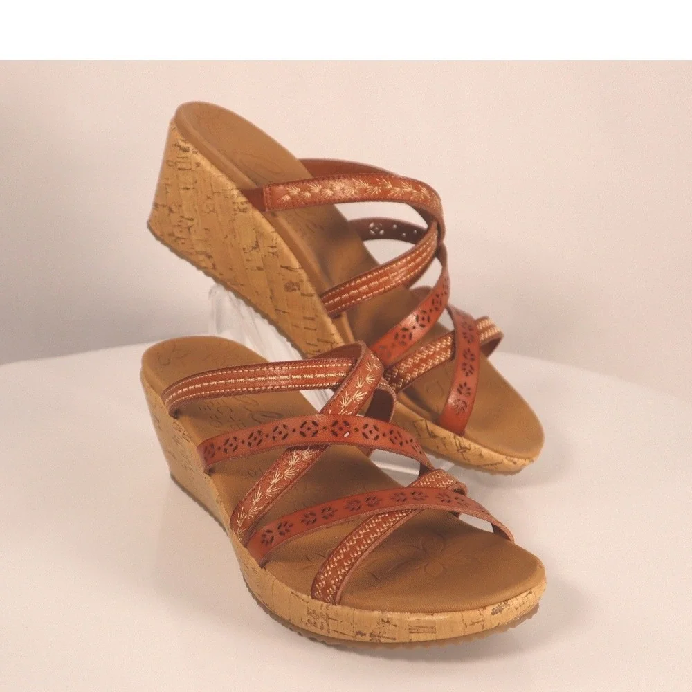 Skechers Cali Luxe Foam Wedge Sandals leather tangerine Size 7.5